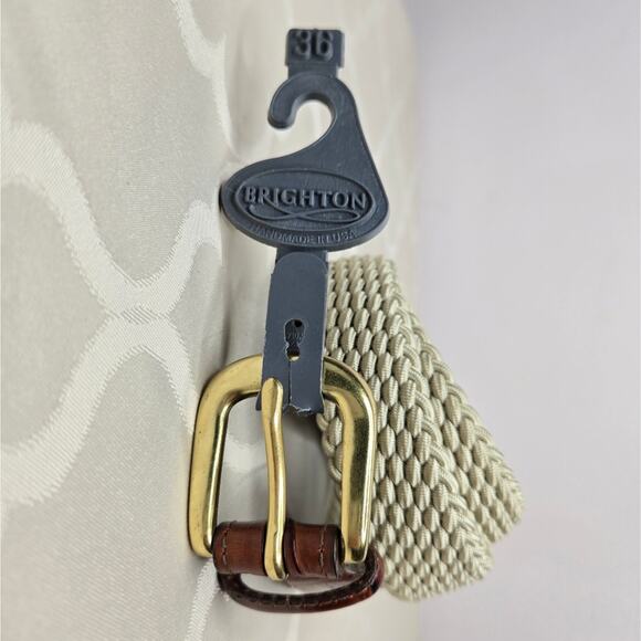NWT Brighton Brown Leather and Beige Woven Belt with Gold Buckle Size 36